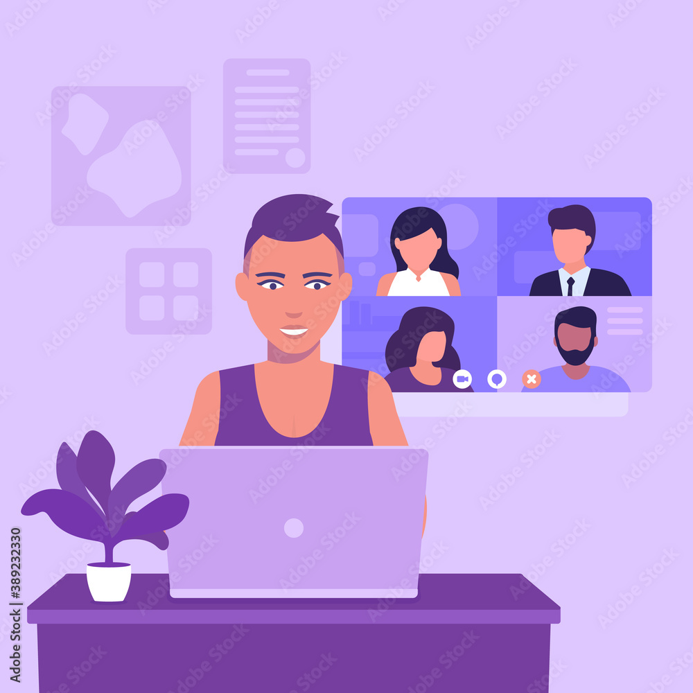 Canvas Prints Video conference, online meeting, group video call, girl with short haircut at laptop, vector illustration