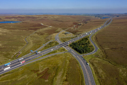 Junction 22 of the M62 on Saddleworth Moor near Windy Hill in Yorkshire, close to Lancashire in England. 