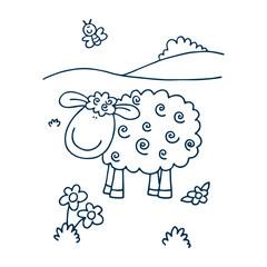 Coloring pages with cute sheeps gracing on meadow and shepherd with his dog.