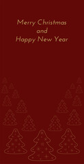 Christmas and New year greeting card design composition with stylized trees. Vector transparent golden illustration on dark red background.