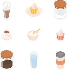 Coffee set with cupcake. Isometric vector illustration in flat design.