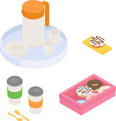 Donuts and coffee set. Isometric vector illustration in flat design.