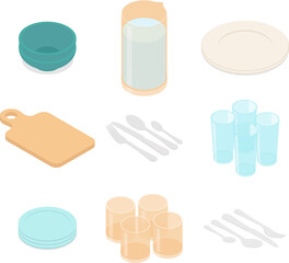 Kitchen utensils, cookware and food set. Isometric vector illustration in flat design.
