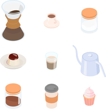 Coffee making set with cupcake. Isometric vector illustration in flat design.