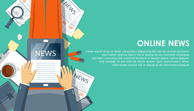 On line news concept. Read newspaper on your tablet or smart phone. Flat vector illustration
