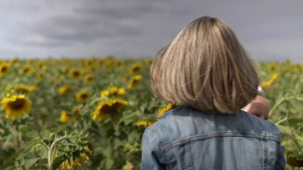 Naklejka na ściany i meble Woman in a field of sunflowers walking in the field with a child