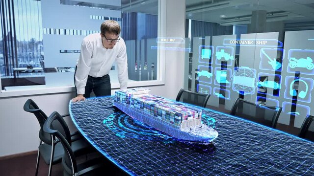 Professional engineer in the office is working on a virtual 3D project of a container ship. 3D rendering of a container ship.