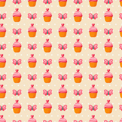 Cute Valentine seamless vintage pattern. Vector illustration for romantic nostalgia design. Happy Valentine's day design with sweet cupcake, butterfly and hearts. Mothers Day Backdrop.