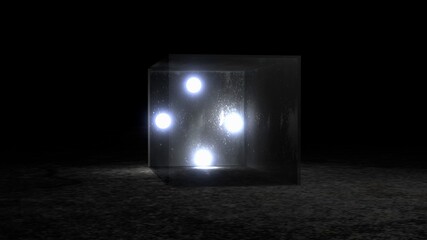 majestic four Crystal Balls with illuminating light in a transparent glass box, 3D render