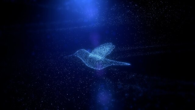 Beautiful Flying Humming bird, Digital and futuristic Glowing blue bird flying through particles, 3d render