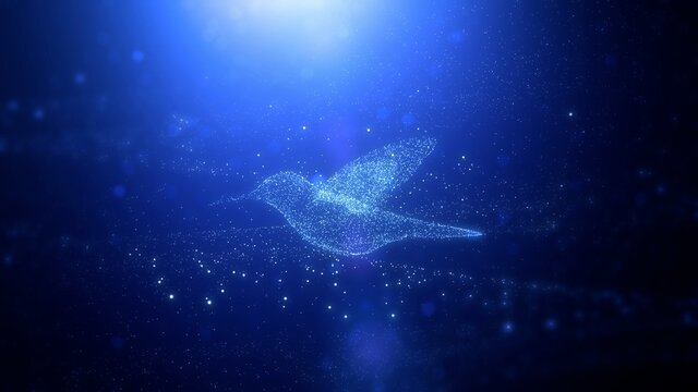 Beautiful Flying bird, Digital and futuristic Glowing blue bird flying through particles,3d render
