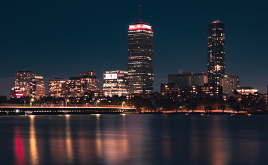 Boston MA skyline at night in the winter