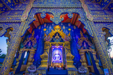 Fototapeta na wymiar The Beauty of the Blue Temple or Wat Rong Suea Ten in Chiang Rai, Thailand..