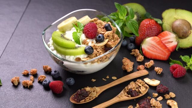 Footage of Yogurt with granola and fruits