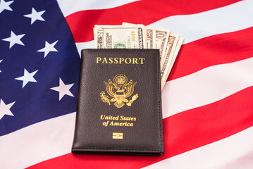 American passport in patriotic background for travelers with a mask.