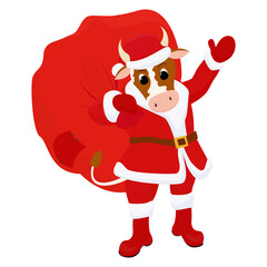 Santa Claus bull. Cartoon Mascot of 2021 New Year. Cartoon Funny character ox in red hat and with big gifts bag isolated on white. Chinese zodiac.  Vector Christmas holiday illustration