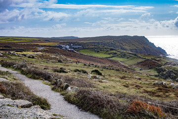 View from lands end looking at the cliffs on shoreline.