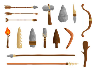 Stone age tools set, caveman civilization culture