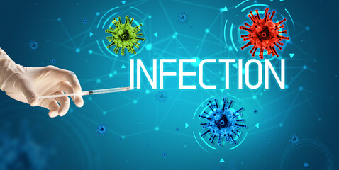Syringe, medical injection in hand with INFECTION inscription, coronavirus vaccine concept