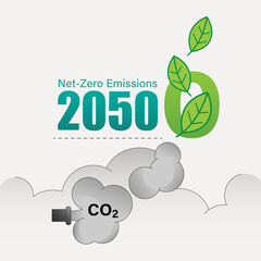 Achieving CO2 net-zero emissions by 2050 typographic design. Vector illustration outline flat design style.
