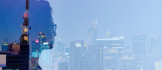 Double exposure of Asian woman and Telecommunication tower with 5G cellular network antenna on smart city background