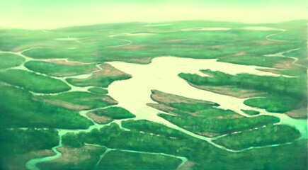 Conceptual artwork, Nature hope life happiness spiritual and freedom concept , surreal landscape of bird river, painting art, imagination illustration