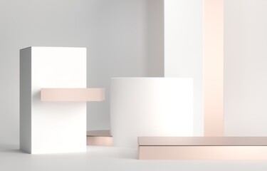 Podium, exhibition cubes pedestal - 3d render illustration. Stand for bend cosmetic products. Geometric boxs figures - architectural composition. Stylish trending advertising base podium.