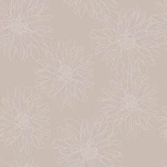 Fototapeta na wymiar Floral pattern seamless. Decorative wallpaper with retro line dahlia flowers on beige background.