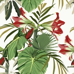 Seamless pattern with hand drawn colored amaryllis lilies flower and palm tropical leaves on white background.
