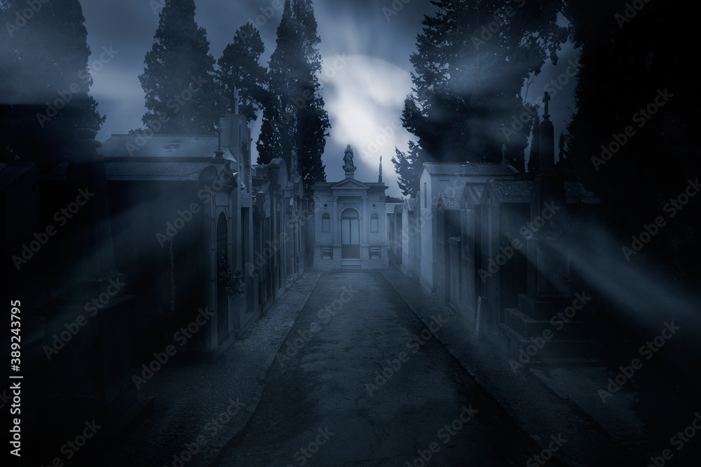 Wall mural Cemetery in a foggy full moon night