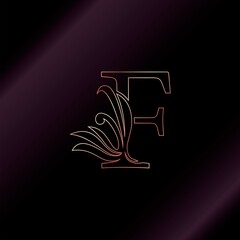 Gold Rose Outline Letter F Luxury Decorative Initial Logo Icon, Elegance Swirl Ornate Design