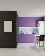 Purple kitchen. Interior studio. Smart apartment. 3d render