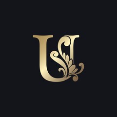 Classy Gold Letter U Luxury Decorative Initial Logo Icon, Elegance Swirl Ornate Deco Vintage Design