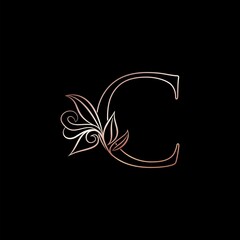 Gold Rose Outline Letter C Luxury Decorative Initial Logo Icon, Elegance Ornate Deco Design