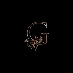 Gold Rose Outline Letter G Luxury Decorative Initial Logo Icon, Elegance Ornate Deco Design
