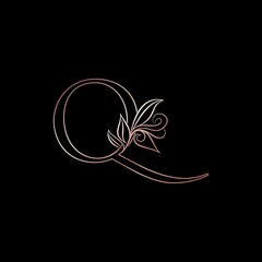 Gold Rose Outline Letter Q Luxury Decorative Initial Logo Icon, Elegance Ornate Deco Design