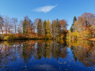 Autumn trees reflected in a lake against a blue sky with clouds