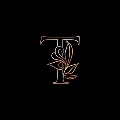 Gold Rose Outline Letter T Luxury Decorative Initial Logo Icon, Elegance Ornate Deco Design