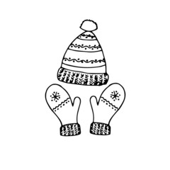 Mittens hat knitted monochrome sketch art design stock vector illustration for web, for print