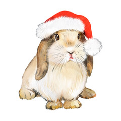 Watercolor illustration of christmas bunny with red cap, new year bunny, beige bunny, fluffy pet