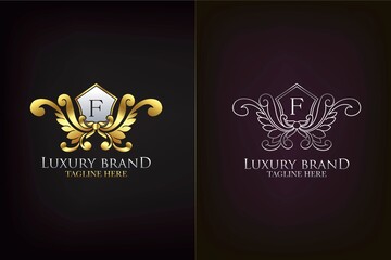 Golden Emblem Letter F Luxury Decoration Initial Logo Icon, Elegance Ornate Emblem Deco Design