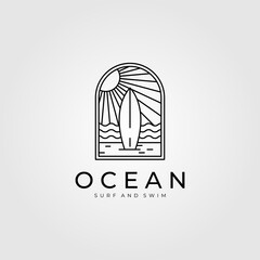 ocean surf line art logo vector illustration design, beach logo design - obrazy, fototapety, plakaty