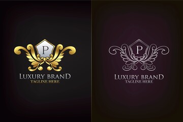 Golden Emblem Letter P Luxury Decoration Initial Logo Icon, Elegance Ornate Emblem Deco Design