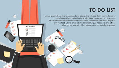 To do list concept. Office work desk with equipment and bunch of papers with red marks. Flat vector illustration
