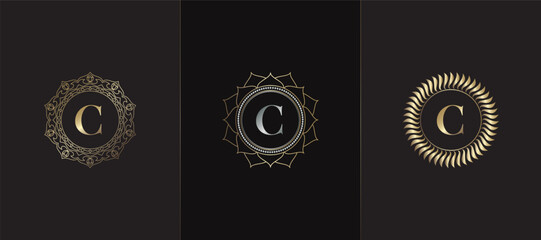 Golden Emblem Letter C Luxury Decoration Initial Logo Icon, Elegance Set Gold Ornate Emblem Deco Vector Design