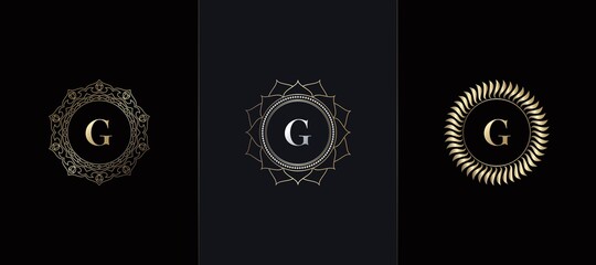 Golden Emblem Letter G Luxury Decoration Initial Logo Icon, Elegance Set Gold Ornate Emblem Deco Vector Design