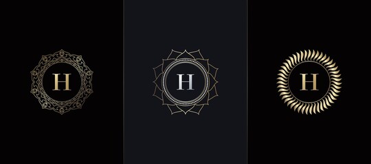 Golden Emblem Letter H Luxury Decoration Initial Logo Icon, Elegance Set Gold Ornate Emblem Deco Vector Design