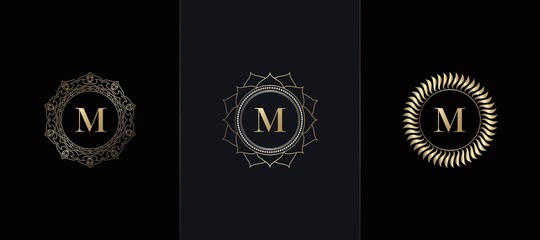 Golden Emblem Letter M Luxury Decoration Initial Logo Icon, Elegance Set Gold Ornate Emblem Deco Vector Design