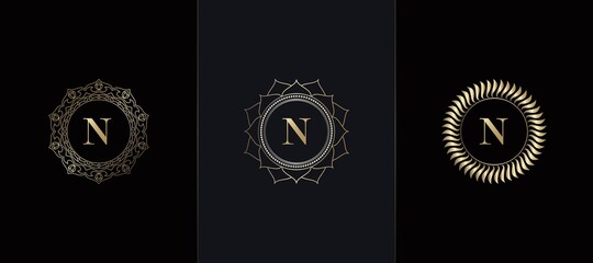 Golden Emblem Letter N Luxury Decoration Initial Logo Icon, Elegance Set Gold Ornate Emblem Deco Vector Design