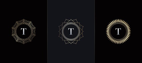 Golden Emblem Letter T Luxury Decoration Initial Logo Icon, Elegance Set Gold Ornate Emblem Deco Vector Design